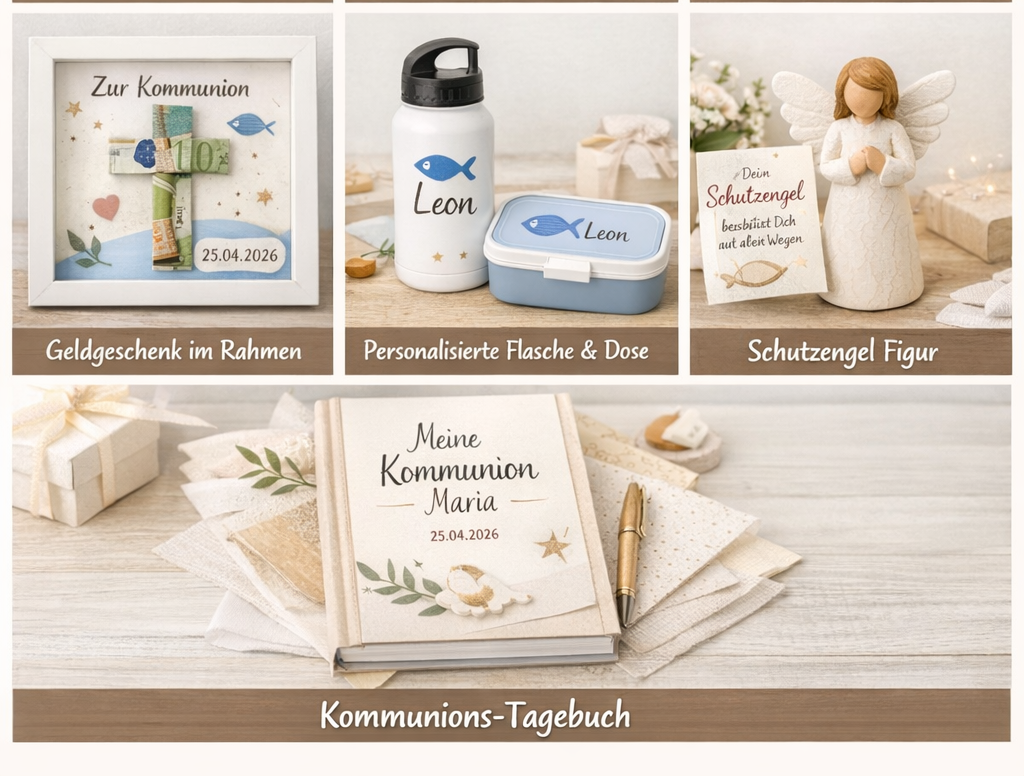 Kommunionsgeschenke: gerahmtes Geld, Wasserflasche, Brotdose, Engelsfigur und Tagebuch.