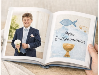Ein Junge im Anzug hält Blumen in einem Buch, daneben eine Aquarellillustration eines Kelches, eines Fisches und der Schriftzug „Meine Erstkommunion“.