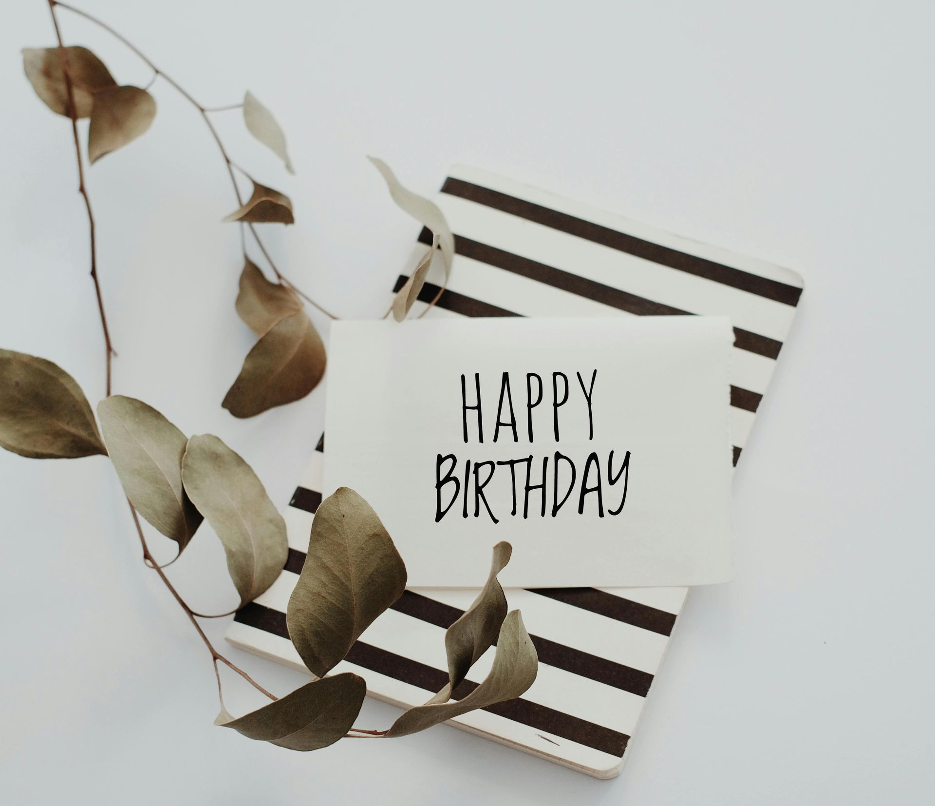 Geburtstagskarte auf gestreiftem Notizbuch, getrockneten Blättern.