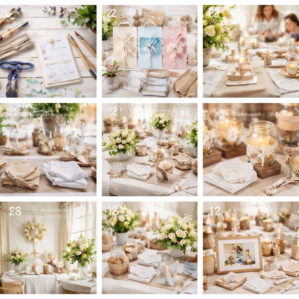 Eine Collage, die verschiedene elegante Tischdekorationen im rustikalen Stil für Hochzeiten oder andere Veranstaltungen mit Kerzen, Blumen und Papeterie zeigt.