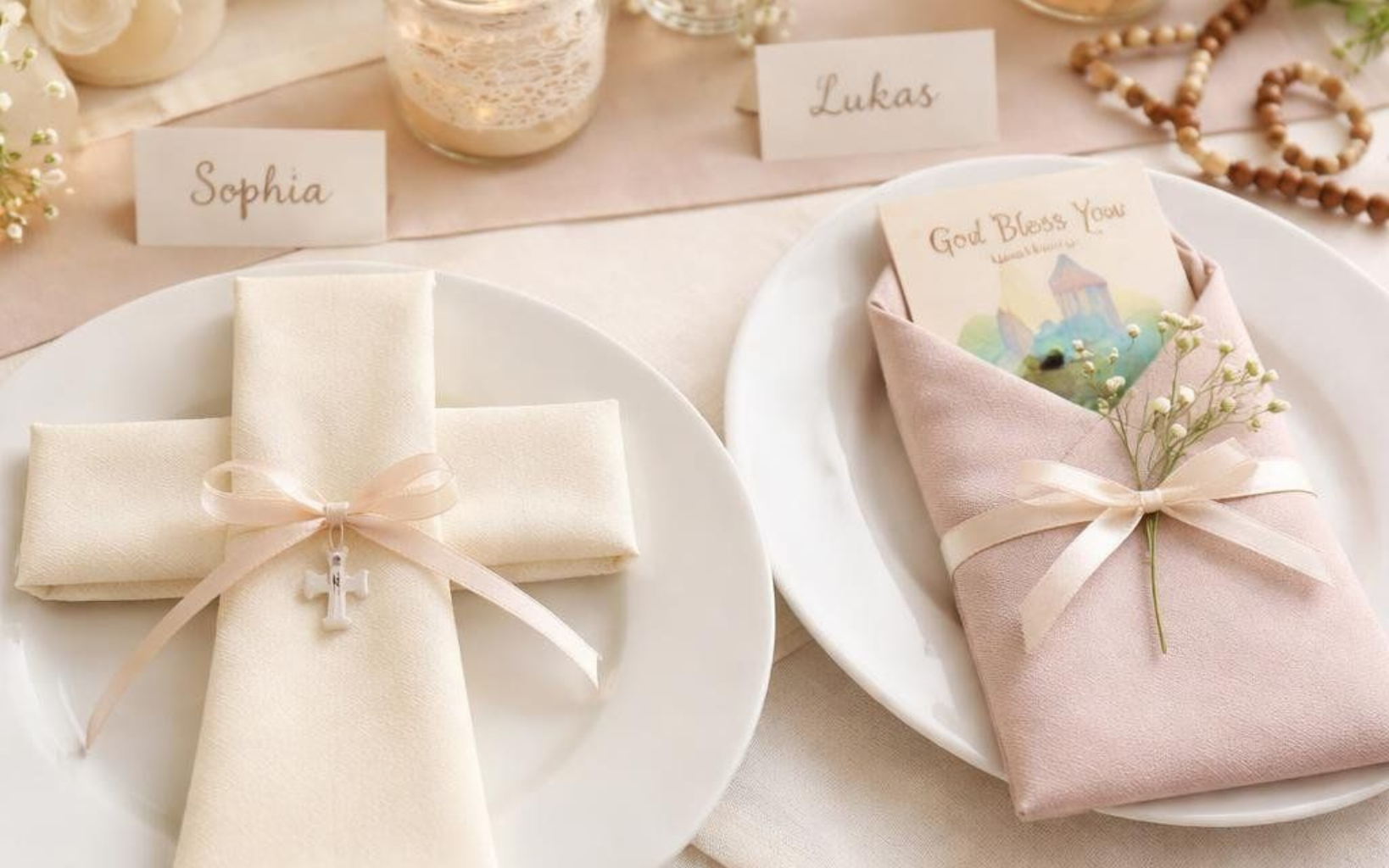 Zwei Gedecke für eine Feier, bestehend aus einer gekreuzt gefalteten Serviette und einer in eine Serviette mit Schleife gewickelten Gastgeschenkkarte.