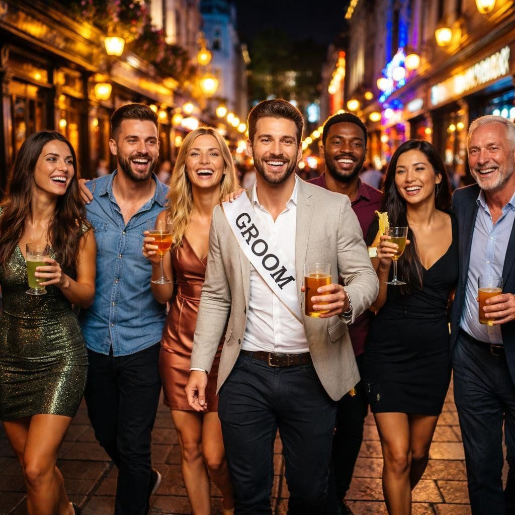 Eine Gruppe von Freunden, die lachend und mit Getränken in der Hand nachts durch eine belebte, hell erleuchtete Straße der Stadt spazieren; einer von ihnen ist der Bräutigam.