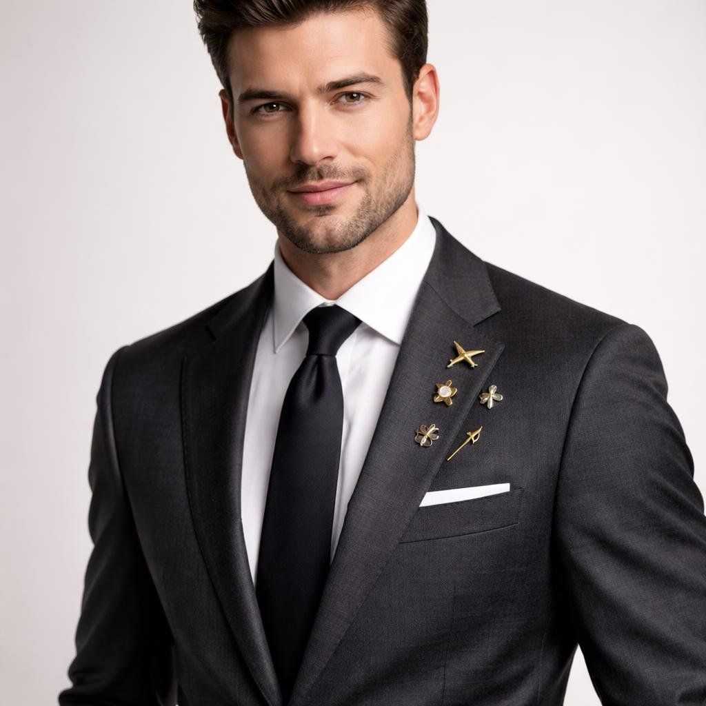 Ein Mann in einem anthrazitfarbenen Anzug, weißem Hemd und schwarzer Krawatte mit kleinen goldenen Anstecknadeln lächelt vor einem weißen Hintergrund.