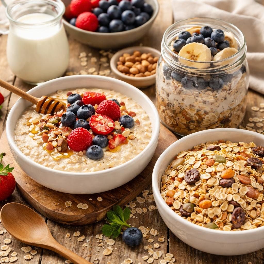 Ein Holztisch, auf dem Schüsseln mit Haferflocken, Müsli, frischen Beeren, ein Glas mit Overnight Oats und ein Krug Milch stehen.