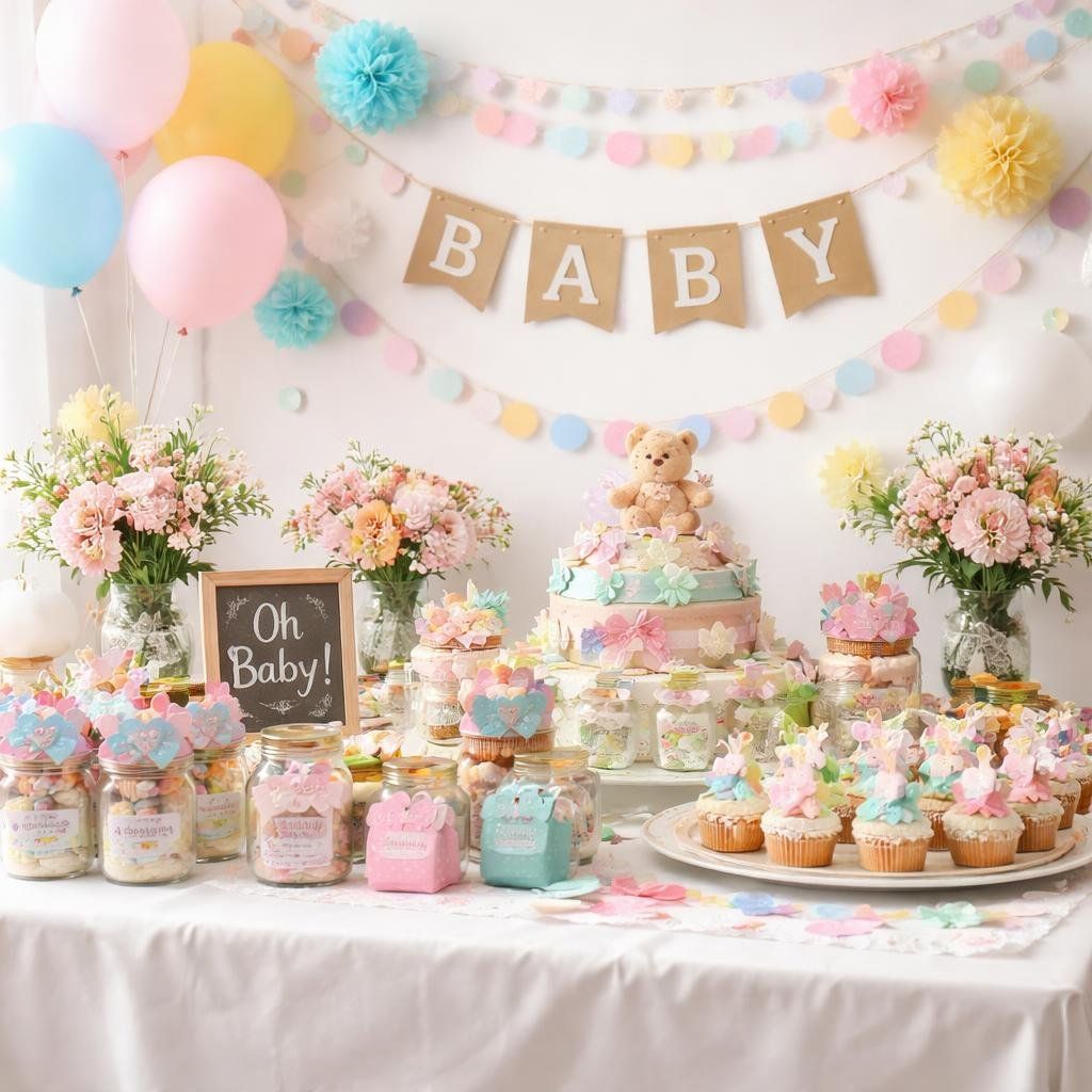 Ein pastellfarbener Desserttisch für eine Babyparty mit einem „BABY“-Banner, einer Teddybärtorte, Blumenarrangements und Leckereien.