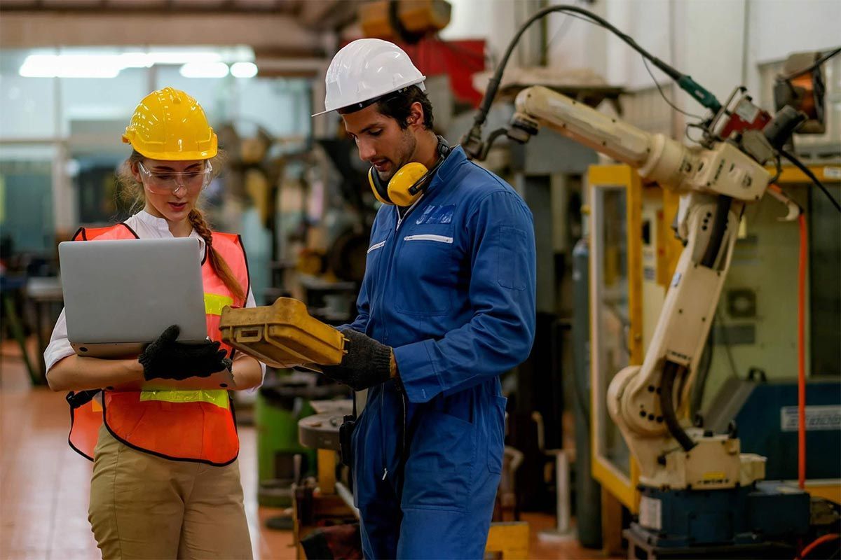 Dos trabajadores de fábrica con equipo de seguridad revisan una computadora portátil junto a maquinaria industrial.