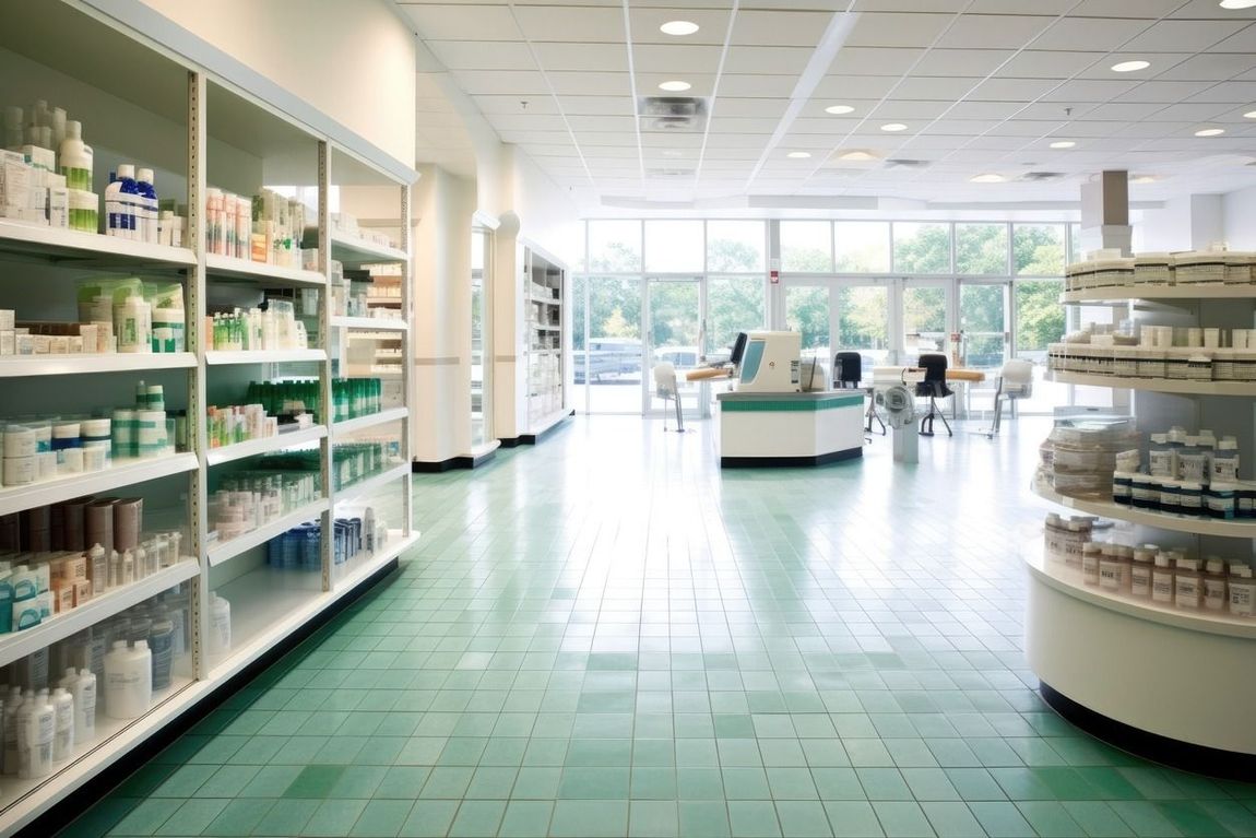 El interior de una farmacia con suelos de baldosas verdes.