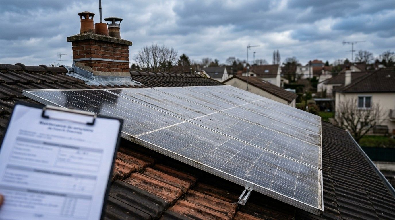 Une personne tient un calpin devant un panneau solaire usé
