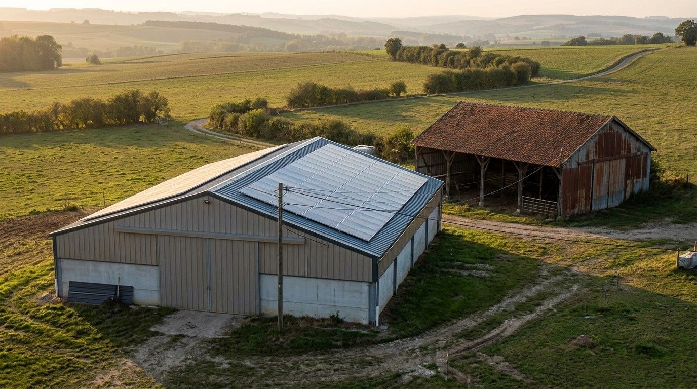 Deux hangars agricoles dont l'un est équipé de panneaux solaires