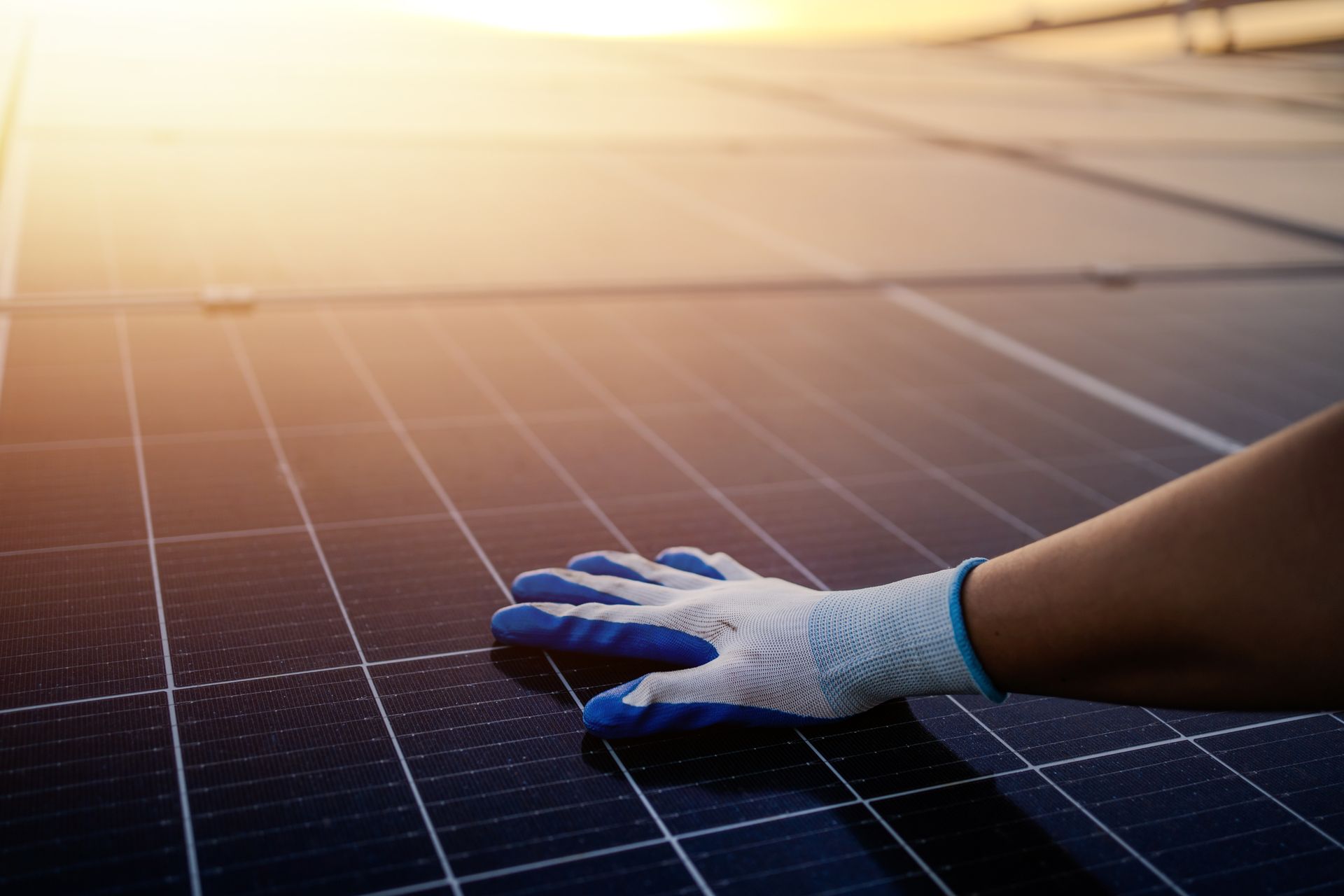 Main gantée nettoyant un panneau solaire au lever du soleil