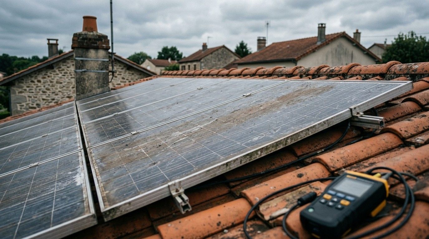 Panneaux solaires usés sur une toiture en tuiles