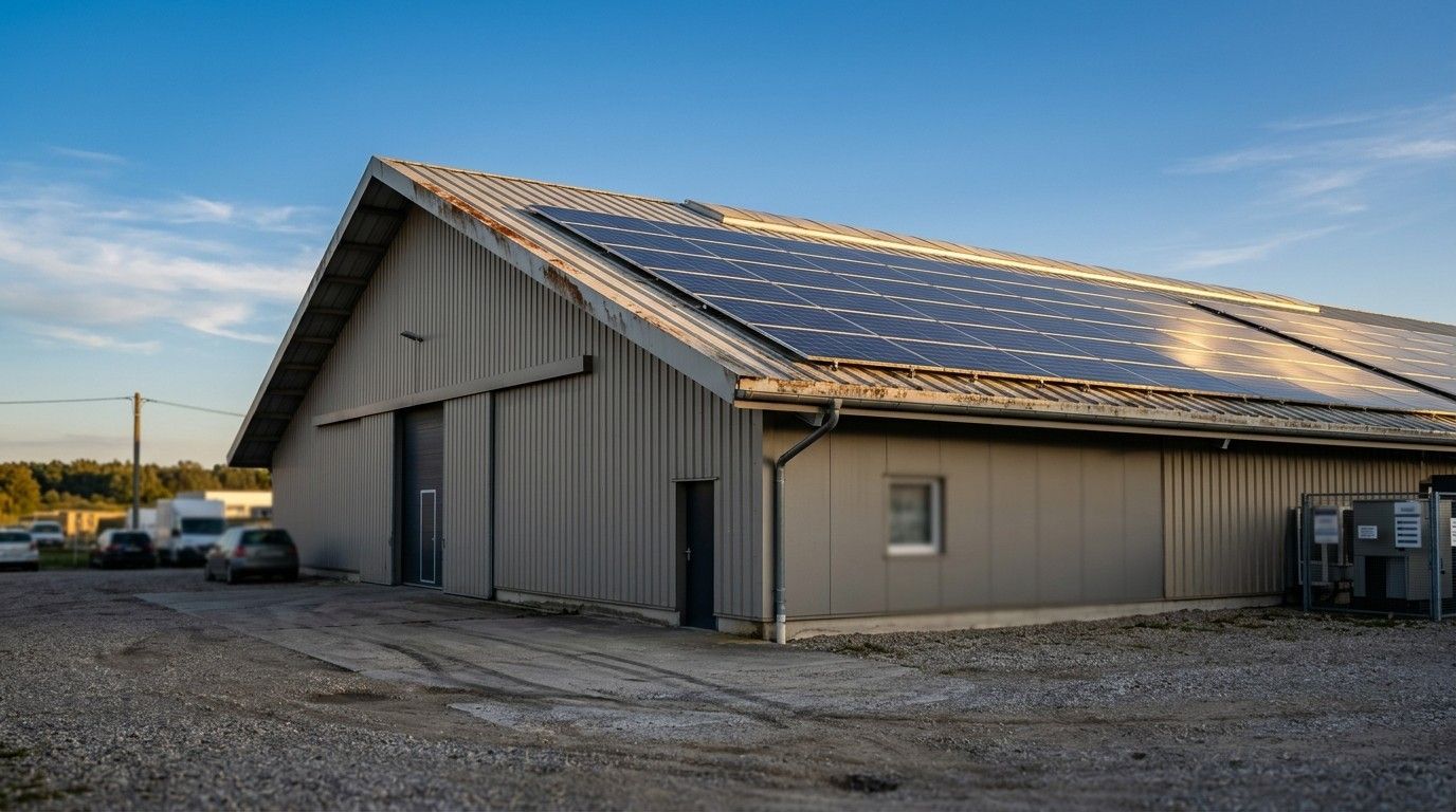Hangar agricole présentant des panneaus solaires sur la toiture