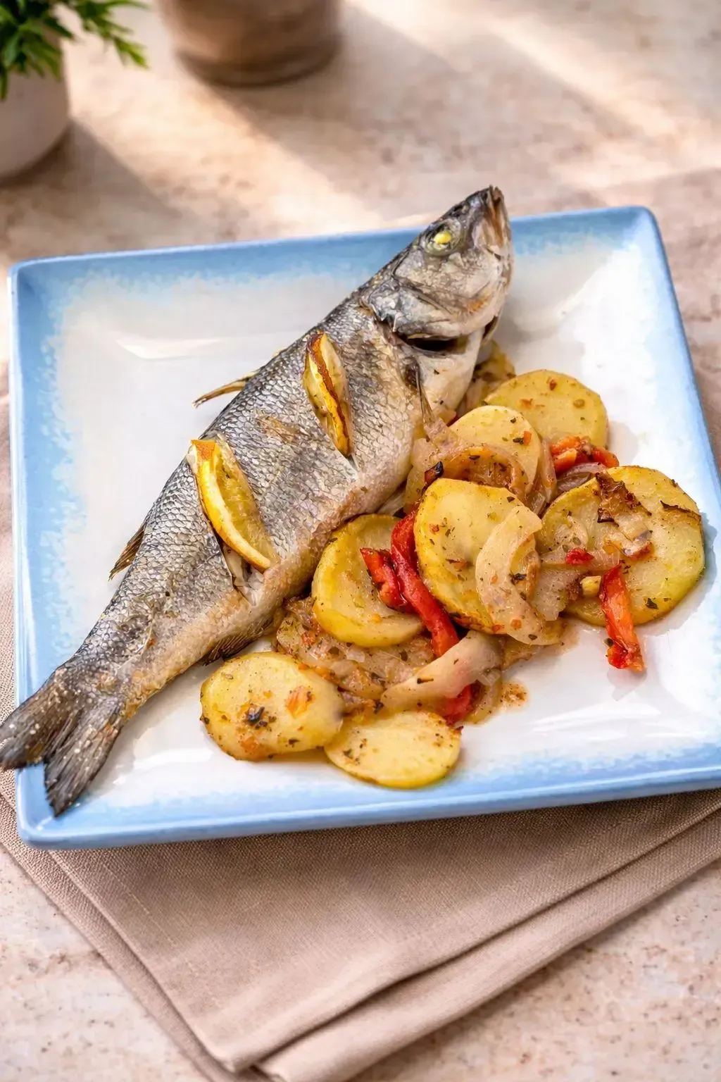 Pescado a la parrilla con patatas asadas en un plato blanco cuadrado.