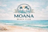 Logotipo del Moana Beach Club con palmeras sobre una escena de playa en tonos pastel y oc&eacute;ano azul.