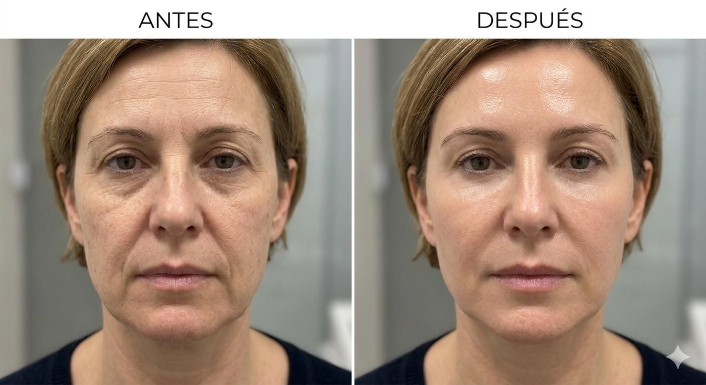 Mujer recibiendo tratamiento en el pecho con un dispositivo portátil; entorno de spa.