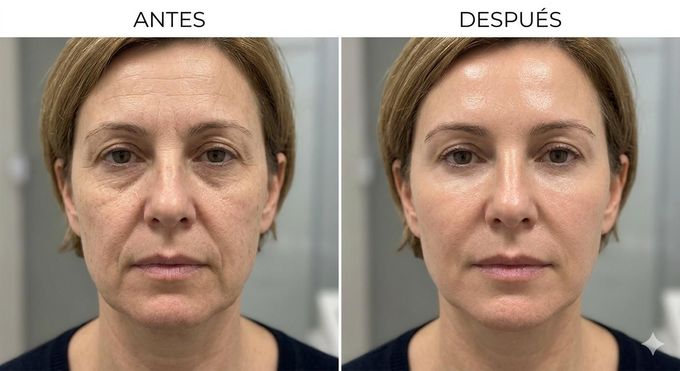Mujer recibiendo tratamiento en el pecho con un dispositivo portátil; entorno de spa.