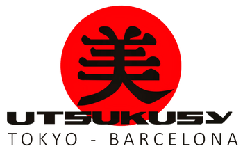 Logotipo de Utsukusy que muestra el carácter japonés para belleza dentro de un círculo rojo, con el texto: TOKYO - BARCELONA.