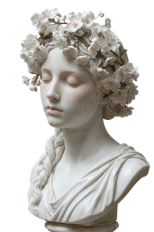 Busto de mármol blanco de una figura serena con los ojos cerrados, que luce una elaborada corona floral y una sola coleta lateral trenzada.