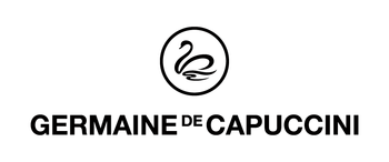 El logotipo en blanco y negro de Germaine de Capuccini presenta un cisne estilizado dentro de un círculo sobre el nombre de la empresa.