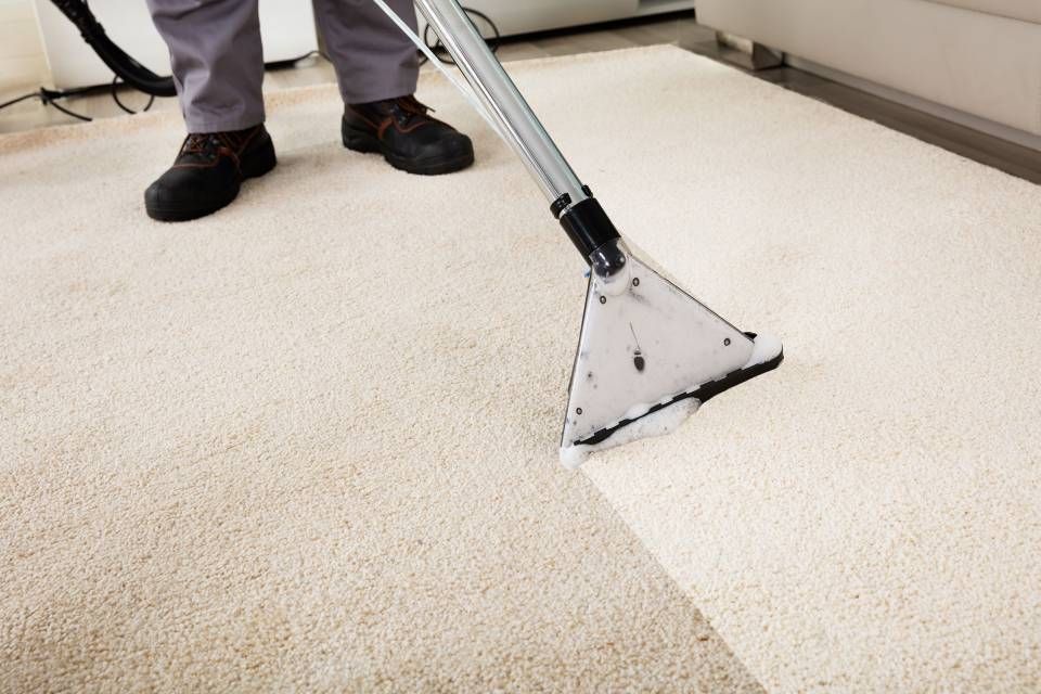 Un ouvrier utilise une autolaveuse bleue sur un parquet ciré dans une pièce ensoleillée