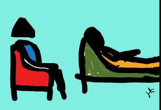 Un dibujo de una persona sentada en una silla y una persona acostada en un sofá.
