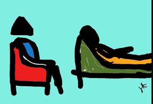 Un dibujo de una persona sentada en una silla y una persona acostada en un sofá.