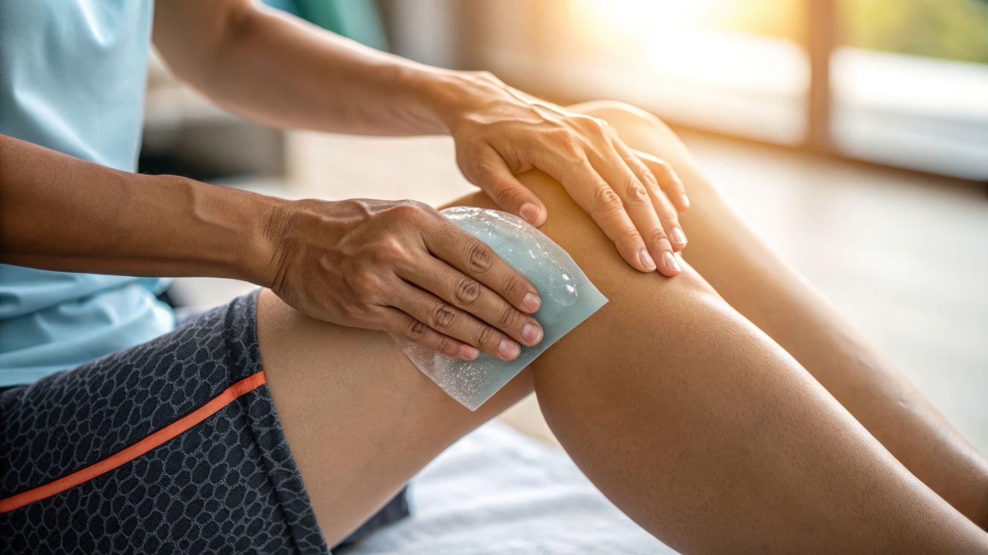 Eine Person legt einen Eisbeutel auf ihr Knie.