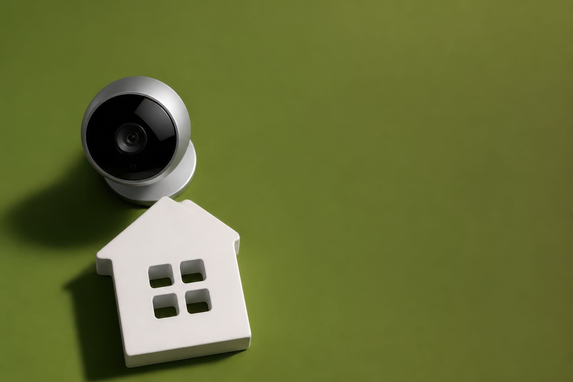 Caméra de sécurité noire à côté d'une petite icône de maison blanche sur fond vert.