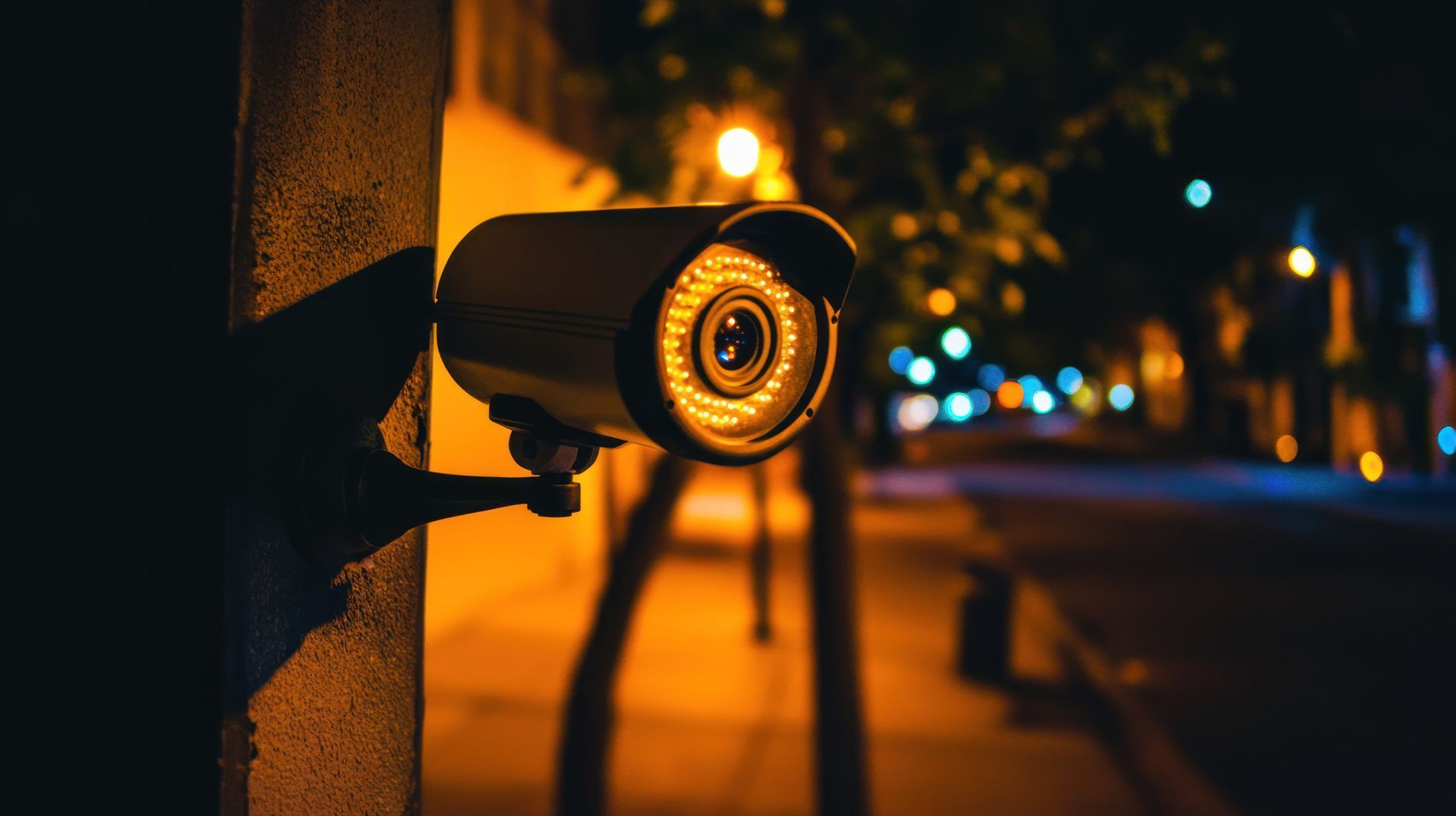 Gros plan sur une caméra de sécurité murale dans une rue faiblement éclairée la nuit.