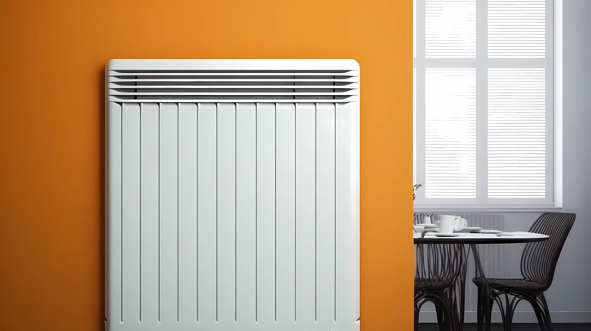 Un radiateur blanc contre un mur orange, à côté d'une fenêtre avec des stores blancs, une petite table et des chaises.