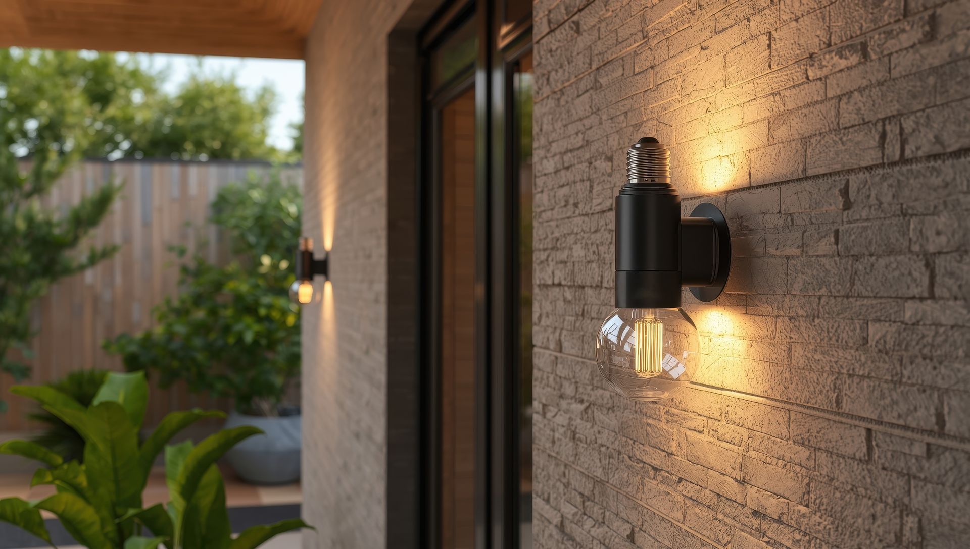 Applique murale extérieure noire sur un mur de patio en briques, brillant près d'une porte coulissante en verre au crépuscule
