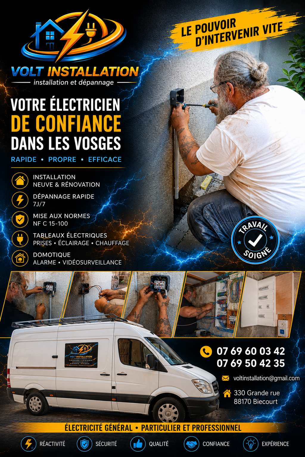 Affiche publicitaire de l'entreprise avec descriptif des prestations