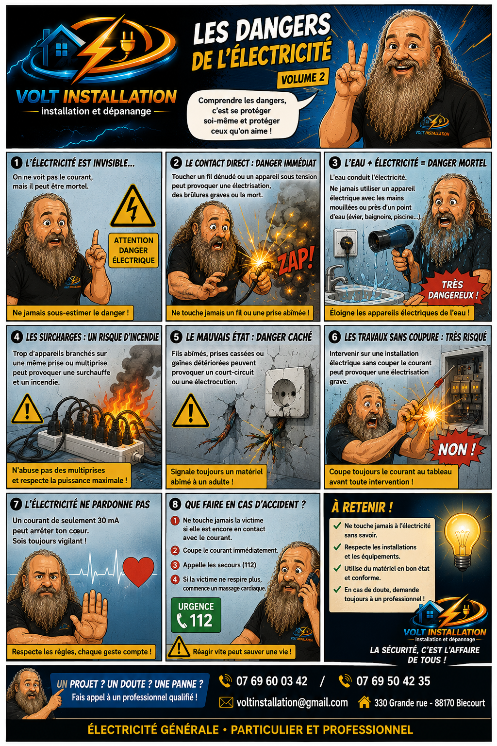 Affiche bulles de BD avec conseils pour éviter les anomalies électriques