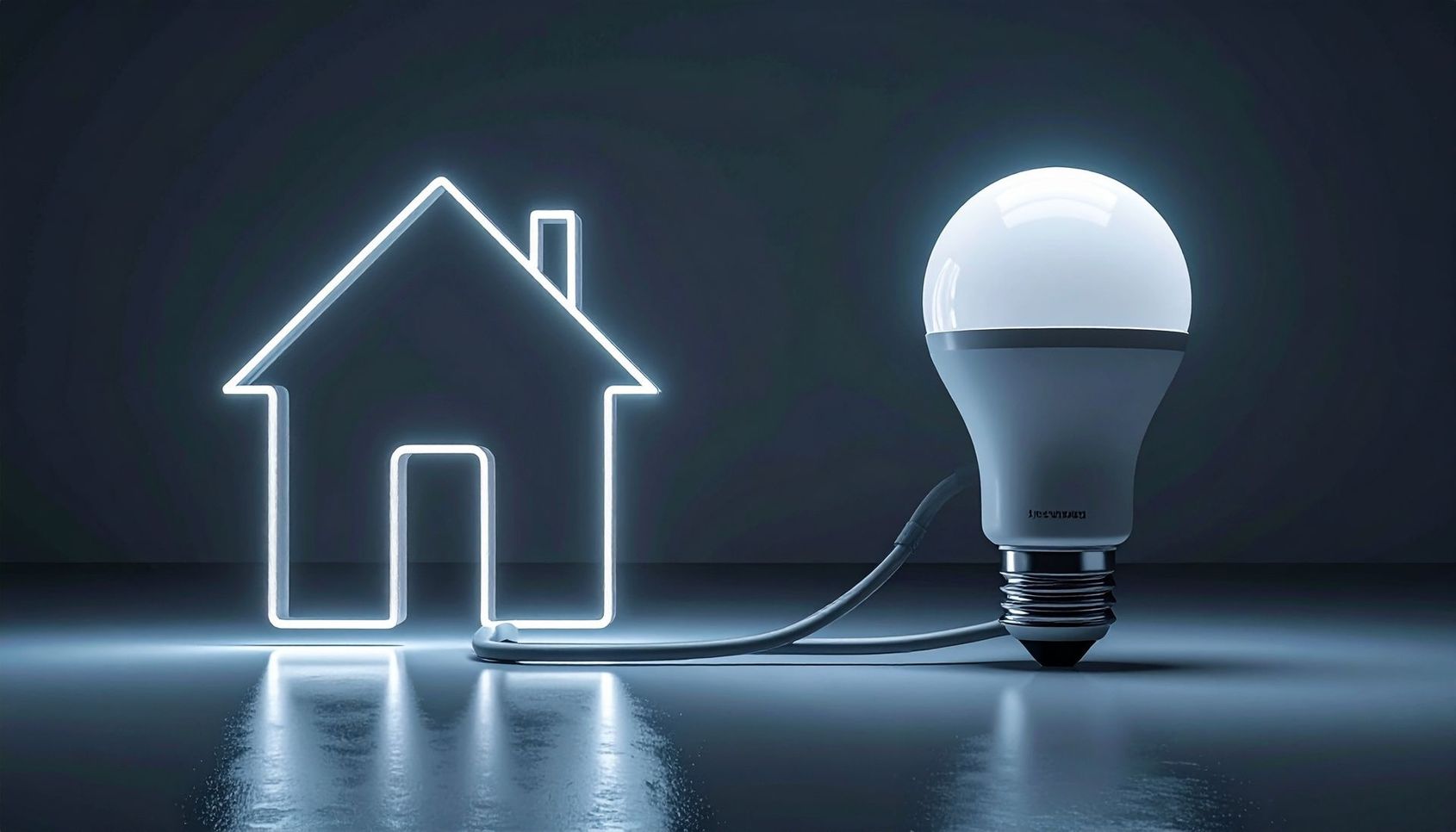 Silhouette d'une maison illuminée à côté d'une ampoule allumée sur un fond sombre et réfléchissant.