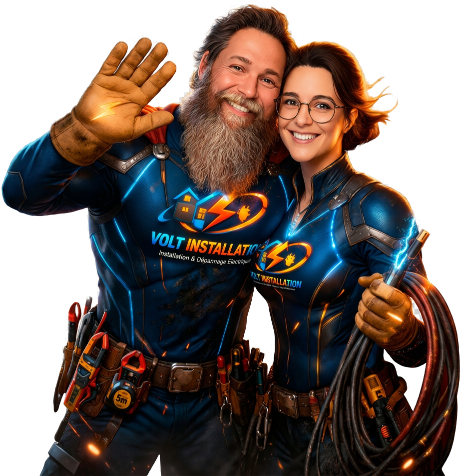 Deux électriciens souriants en uniforme bleu, l'un faisant signe de la main et l'autre tenant des câbles.