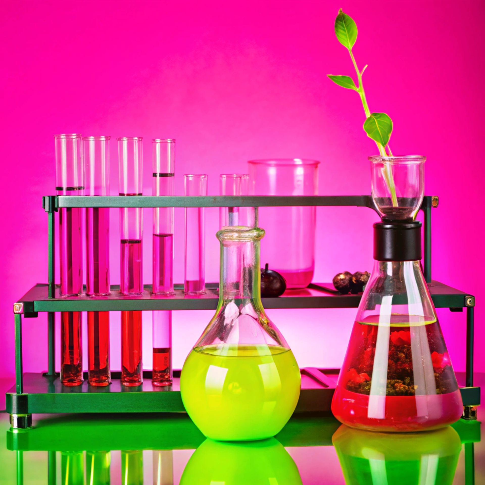 Vetreria da laboratorio con liquidi colorati su uno scaffale verde su sfondo rosa.