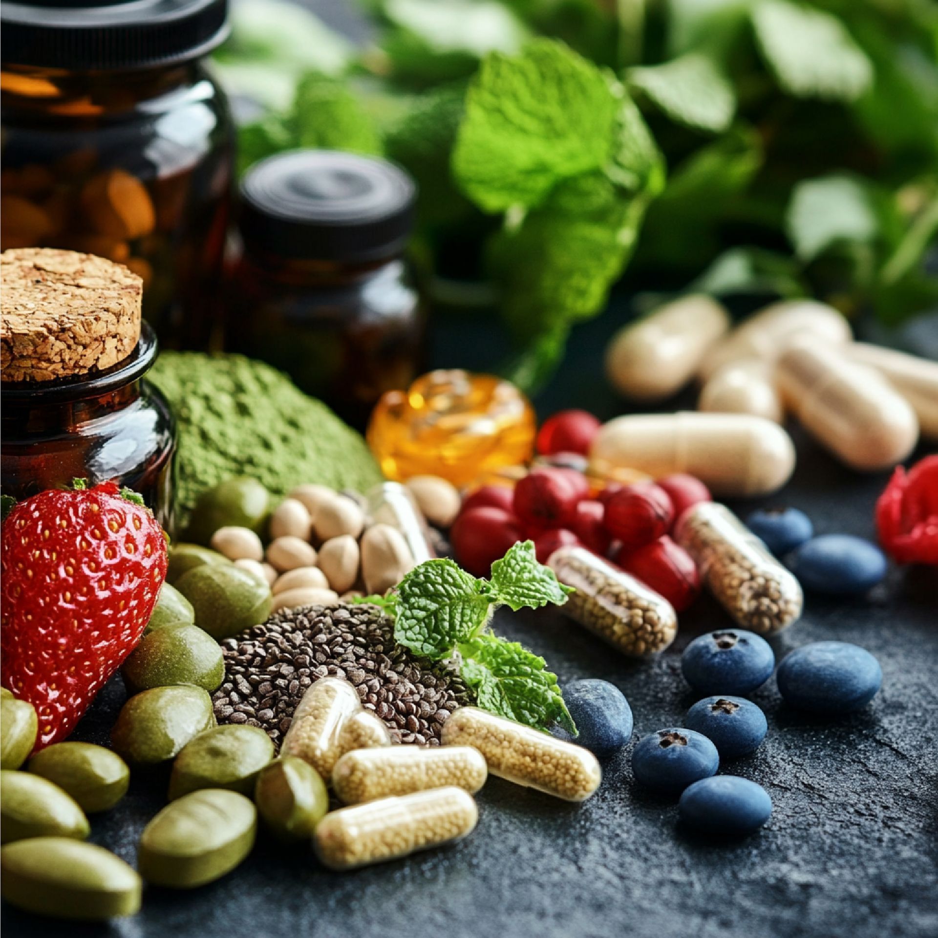 Vari integratori, erbe e frutta, tra cui pillole, bacche e semi di chia, disposti su una superficie scura.