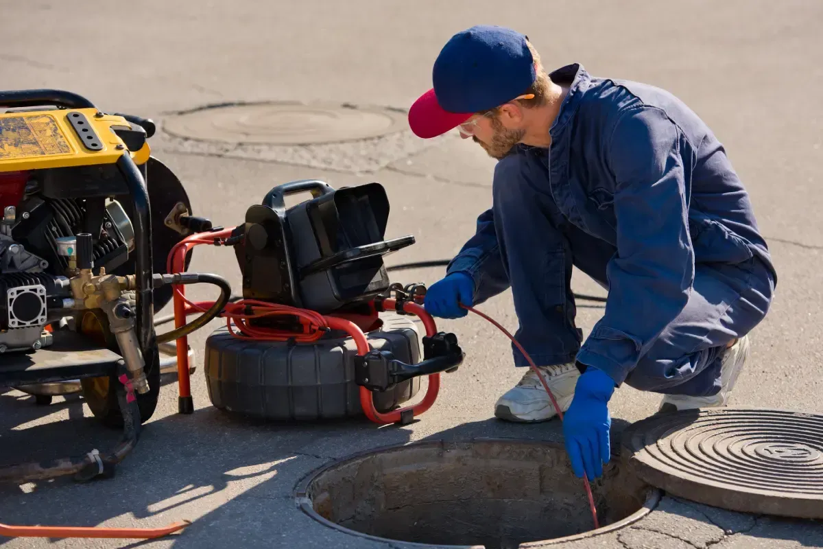 Plomero inspeccionando una línea de alcantarillado usando una cámara y equipo al aire libre en una calle.