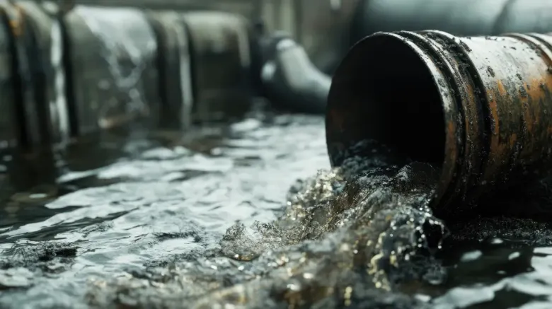 El agua contaminada brota de una tubería oxidada hacia un cuerpo de agua.