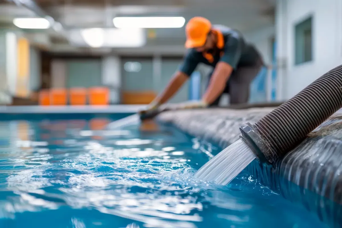 Hombre con gorra naranja vaciando el agua de la piscina con una manguera.