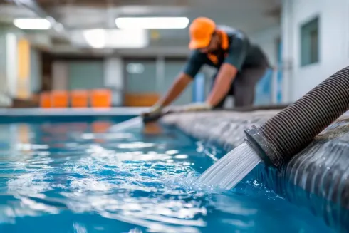 Hombre con gorra naranja vaciando el agua de la piscina con una manguera.