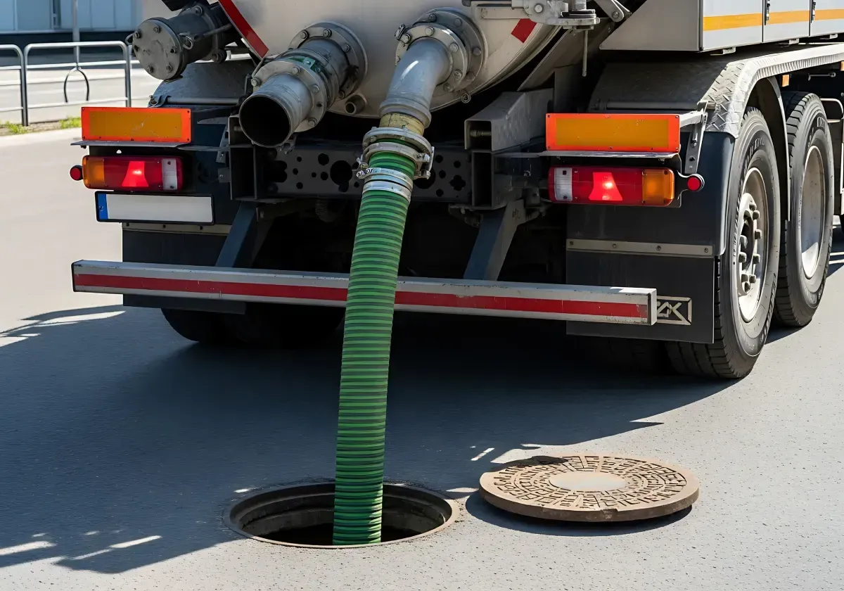 Manguera de camión de alcantarillado que drena hacia un pozo en una calle de asfalto.