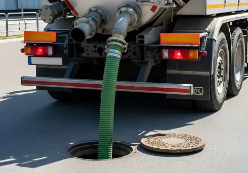 Manguera de camión de alcantarillado que drena hacia un pozo en una calle de asfalto.