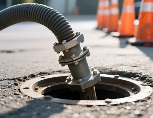 Manguera conectada a un pozo abierto sobre asfalto, conos de tráfico naranjas en el fondo.