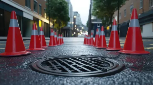 Conos de tráfico rojos bordean una calle, rodeando una tapa de alcantarilla sobre pavimento mojado. Fondo de la ciudad.