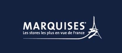 Logo MARQUISES sur fond bleu foncé avec une tour Eiffel blanche et slogan français