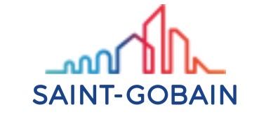 Logo Saint-Gobain avec un contour de bâtiment stylisé bleu et rouge