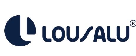 Logo Lousalu bleu foncé avec icône circulaire et nom de marque sur fond blanc