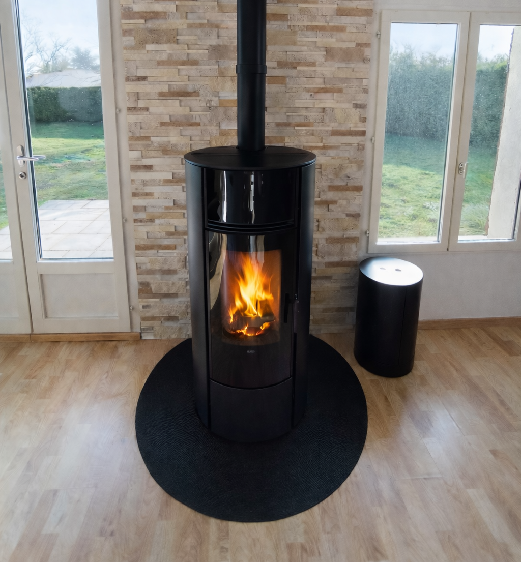 Cheminée allumée dans une pièce moderne, avec des flammes orangées qui brillent derrière la vitre.