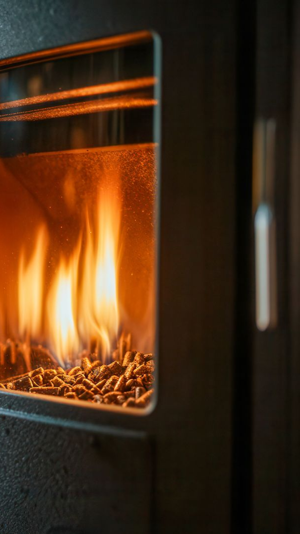 Gros plan sur une poêle à granulés avec des flammes orange vif derrière une vitre.